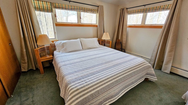bedroom featuring carpet flooring, multiple windows, and baseboard heating