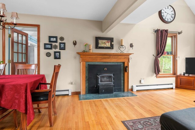 13 Ocean Circuit Dr, York, ME 03902 - living room featuring beamed ceiling, a baseboard heating unit, and wood finished floors