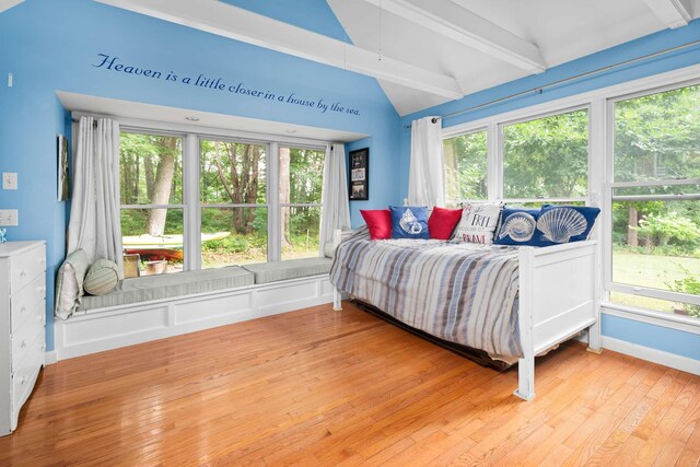 13 Ocean Circuit Dr, York, ME 03902 - bedroom featuring lofted ceiling with beams, baseboards, and light wood-type flooring