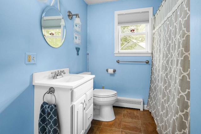 13 Ocean Circuit Dr, York, ME 03902 - bathroom with vanity, toilet, a shower with shower curtain, tile patterned floors, and baseboard heating