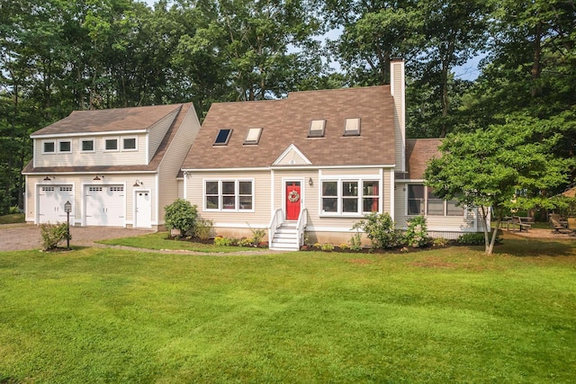 13 Ocean Circuit Dr, York, ME 03902 - cape cod-style house with driveway, a front yard, roof with shingles, a chimney, and an attached garage