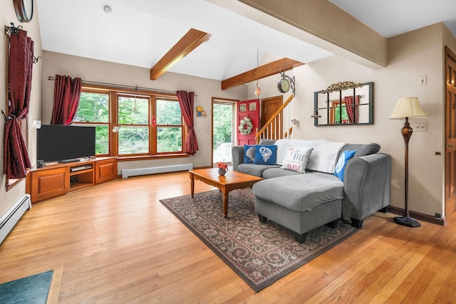13 Ocean Circuit Dr, York, ME 03902 - living area featuring stairs, beam ceiling, light wood finished floors, a baseboard radiator, and baseboards