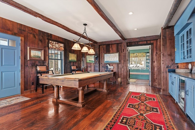444 Tin Shanty Rd, Shrewsbury, VT 05738 - rec room with dark wood finished floors, a wealth of natural light, beamed ceiling, and beverage cooler