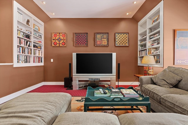 444 Tin Shanty Rd, Shrewsbury, VT 05738 - living room with baseboards, lofted ceiling, recessed lighting, and built in features