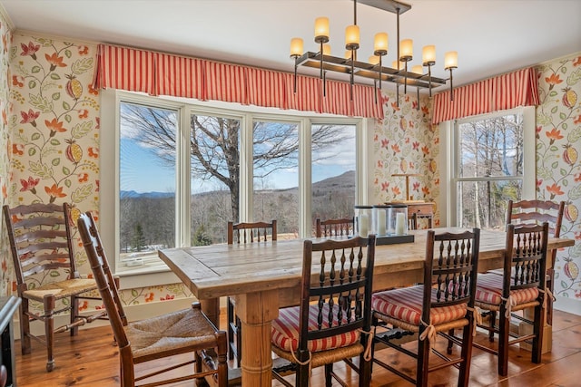 444 Tin Shanty Rd, Shrewsbury, VT 05738 - dining room with wallpapered walls, wood finished floors, a mountain view, and a wealth of natural light