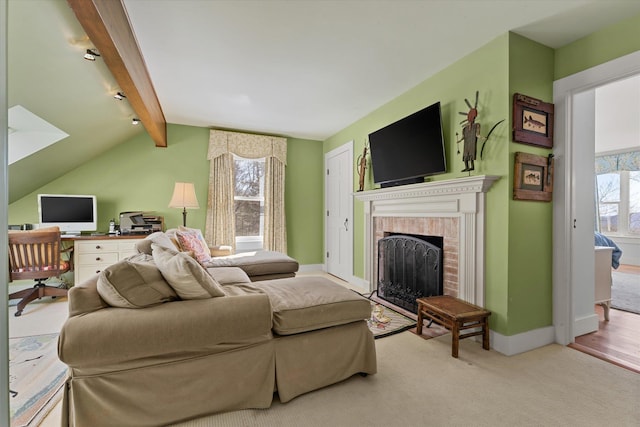 444 Tin Shanty Rd, Shrewsbury, VT 05738 - carpeted living room with baseboards, lofted ceiling with beams, and a brick fireplace