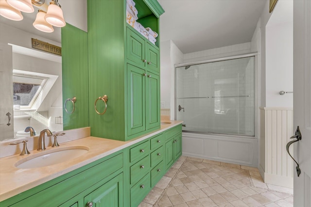 444 Tin Shanty Rd, Shrewsbury, VT 05738 - bathroom with double vanity, a sink, and enclosed tub / shower combo