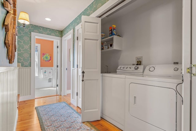 444 Tin Shanty Rd, Shrewsbury, VT 05738 - laundry room featuring a wainscoted wall, light wood finished floors, wallpapered walls, laundry area, and washer and clothes dryer