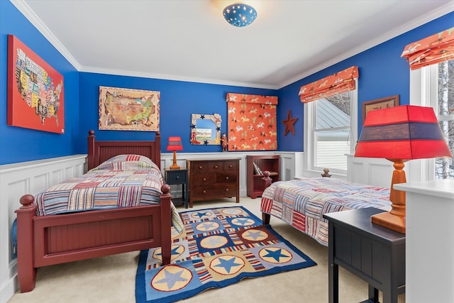 444 Tin Shanty Rd, Shrewsbury, VT 05738 - carpeted bedroom with a decorative wall, a wainscoted wall, and crown molding