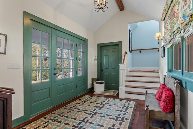 444 Tin Shanty Rd, Shrewsbury, VT 05738 - foyer featuring stairs, french doors, wood finished floors, baseboards, and beamed ceiling