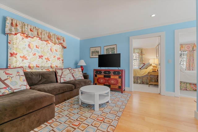 444 Tin Shanty Rd, Shrewsbury, VT 05738 - living area with baseboards, ornamental molding, wood finished floors, and recessed lighting