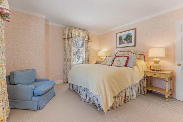 444 Tin Shanty Rd, Shrewsbury, VT 05738 - carpeted bedroom with baseboards, ornamental molding, and wallpapered walls