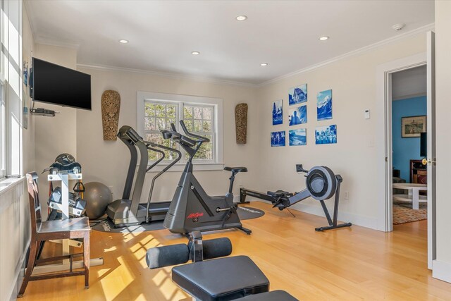 444 Tin Shanty Rd, Shrewsbury, VT 05738 - exercise area featuring recessed lighting, crown molding, baseboards, and wood finished floors