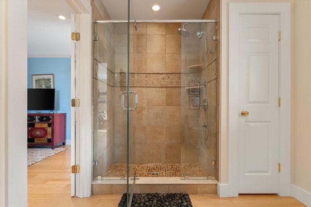 444 Tin Shanty Rd, Shrewsbury, VT 05738 - full bathroom with baseboards, wood finished floors, a stall shower, and recessed lighting