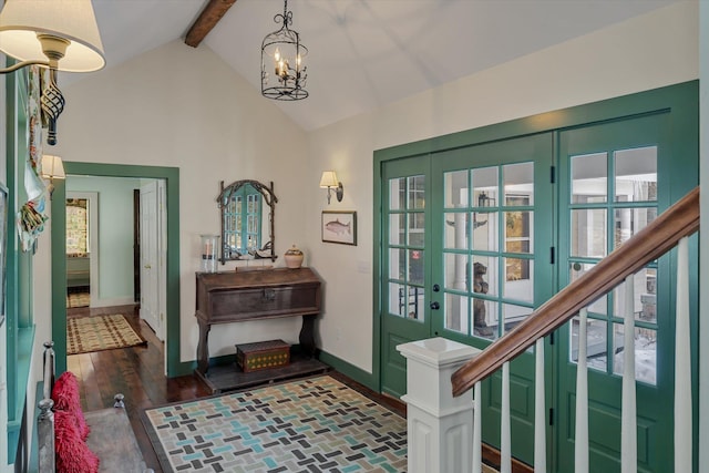 444 Tin Shanty Rd, Shrewsbury, VT 05738 - foyer featuring high vaulted ceiling, baseboards, beam ceiling, a notable chandelier, and wood finished floors