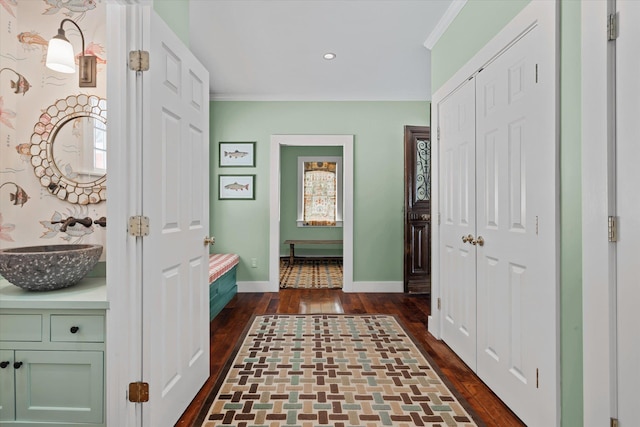 444 Tin Shanty Rd, Shrewsbury, VT 05738 - hall featuring crown molding, recessed lighting, baseboards, a sink, and dark wood-style floors