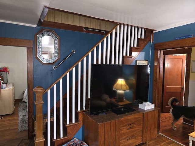stairway featuring wood finished floors