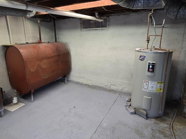 unfinished basement featuring water heater and heating fuel