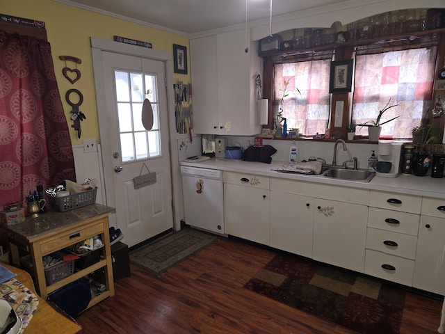kitchen with dark wood finished floors, a sink, light countertops, and dishwasher