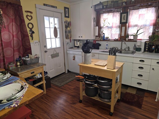 kitchen with dark wood-style floors, light countertops, a sink, and dishwasher