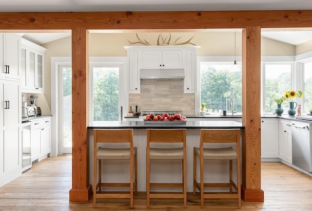 437 Lonesome Trl, Waterbury, VT 05676 - kitchen with light wood-style floors, under cabinet range hood, a breakfast bar area, and stainless steel dishwasher