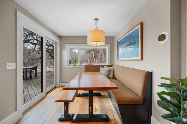 437 Lonesome Trl, Waterbury, VT 05676 - dining space with a baseboard radiator, baseboards, light wood-style floors, and breakfast area