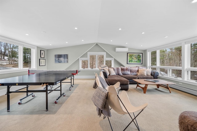 437 Lonesome Trl, Waterbury, VT 05676 - rec room with a wall unit AC, light carpet, baseboards, and recessed lighting