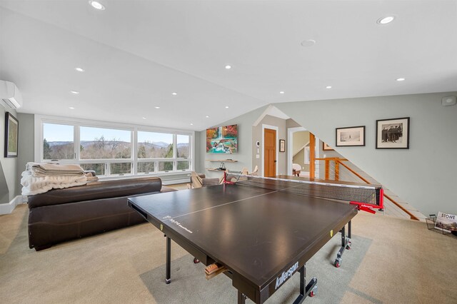 437 Lonesome Trl, Waterbury, VT 05676 - rec room with a wall unit AC, light carpet, lofted ceiling, and recessed lighting