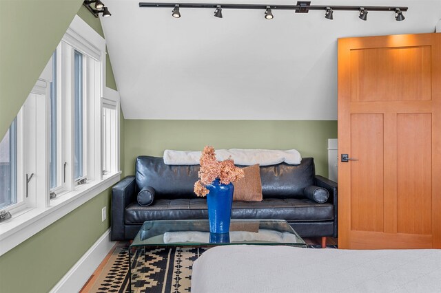 437 Lonesome Trl, Waterbury, VT 05676 - living room with baseboards, vaulted ceiling, and track lighting