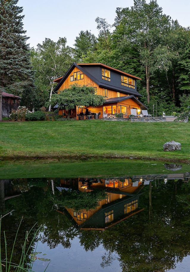 437 Lonesome Trl, Waterbury, VT 05676 - rear view of property featuring a water view and a lawn