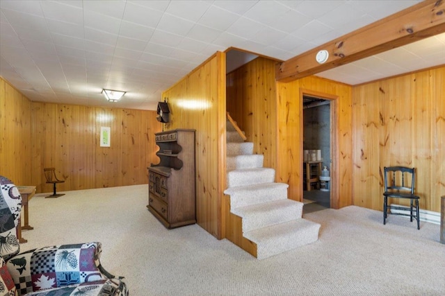 finished below grade area with wood walls, stairway, and carpet