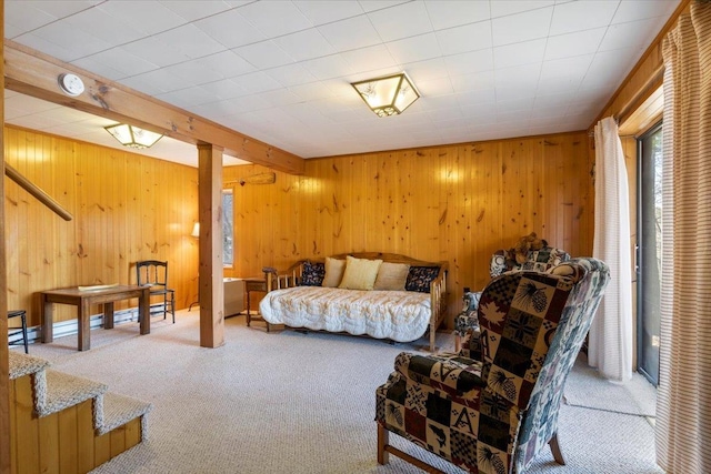 carpeted bedroom with wood walls and a baseboard radiator