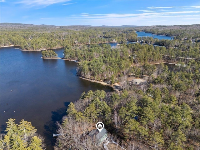 aerial view with a wooded view and a water view