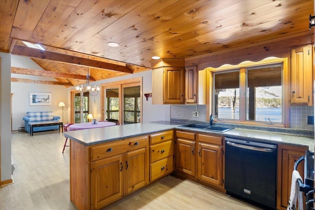 kitchen with a sink, brown cabinetry, an inviting chandelier, and dishwasher
