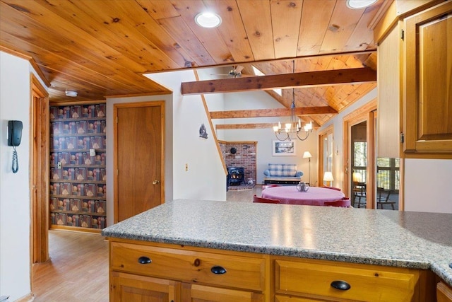 kitchen with a notable chandelier, lofted ceiling with beams, decorative light fixtures, light wood finished floors, and wooden ceiling
