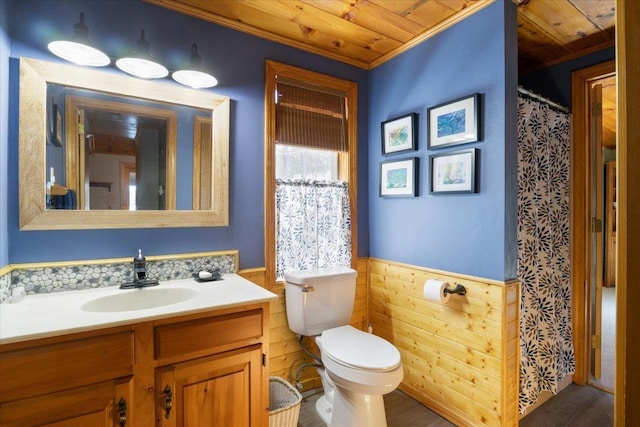 full bathroom featuring toilet, wooden ceiling, vanity, and wainscoting