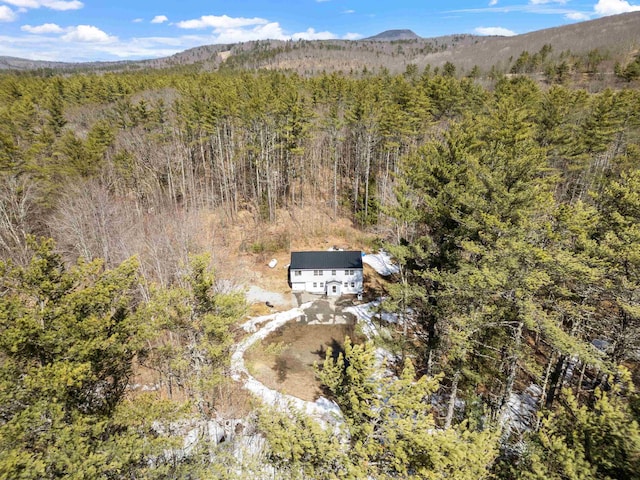 birds eye view of property featuring a wooded view and a mountain view