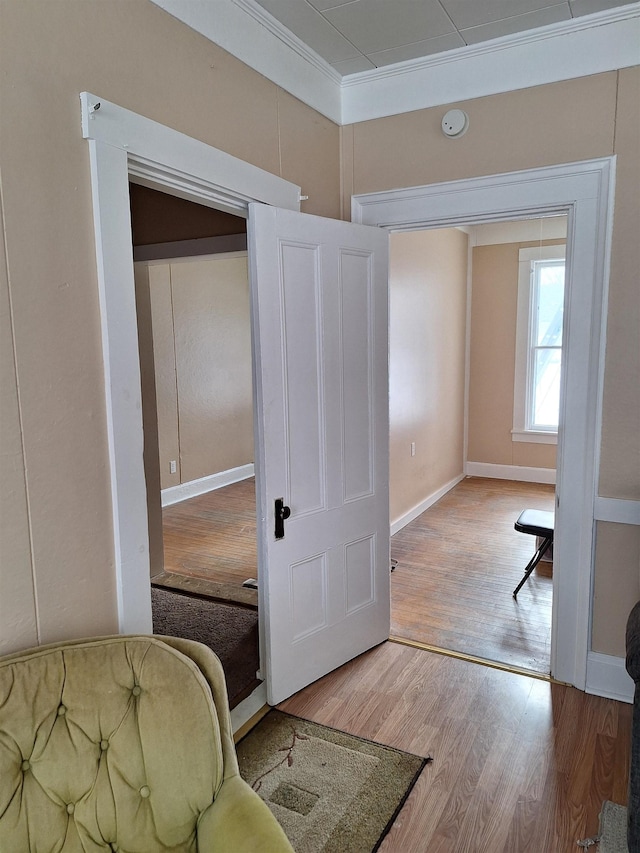 sitting room with light wood-type flooring, crown molding, and baseboards