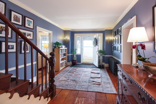 14 Adams Landing Rd, Grand Isle, VT 05458 - entrance foyer with ornamental molding, dark wood-style floors, baseboards, and stairs