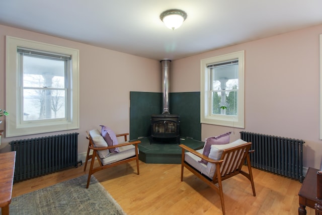 14 Adams Landing Rd, Grand Isle, VT 05458 - living area featuring radiator heating unit, light wood-style flooring, and a wood stove