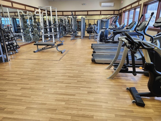 workout area featuring a wall mounted AC and wood finished floors