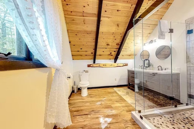 18 Crow Ln, Conway, NH 03818 - full bathroom with toilet, wooden ceiling, wood finished floors, a shower stall, and vanity