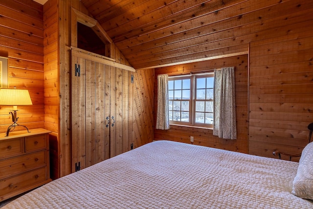 unfurnished bedroom with wooden ceiling, wooden walls, and vaulted ceiling