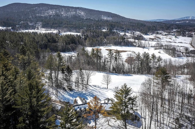 snowy aerial view featuring a wooded view and a mountain view