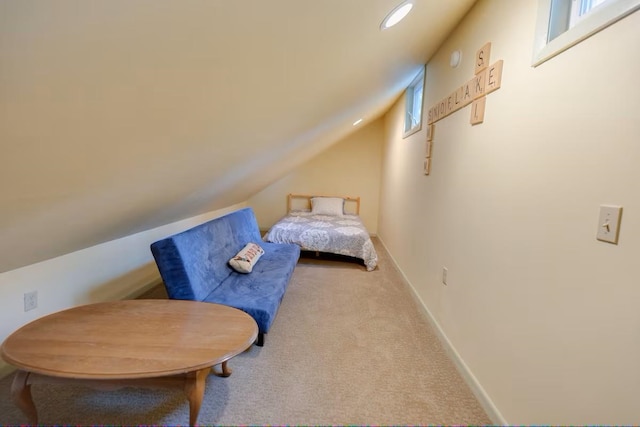 carpeted bedroom with baseboards, vaulted ceiling, and recessed lighting