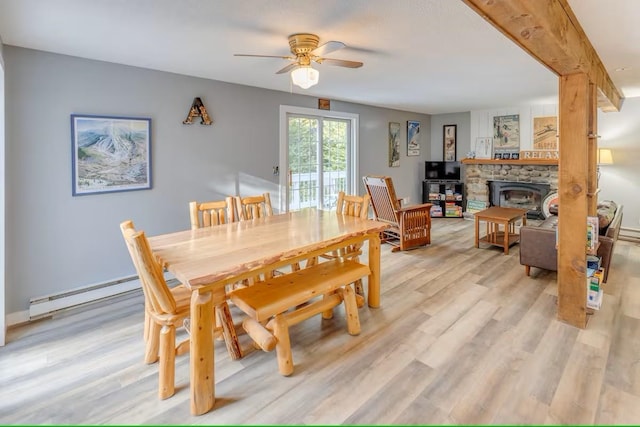 dining room with beam ceiling, a baseboard radiator, light wood finished floors, and ceiling fan