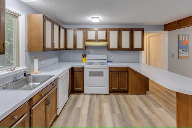 kitchen with white appliances, a peninsula, under cabinet range hood, light countertops, and a sink