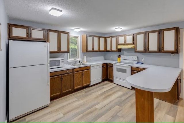 kitchen featuring light countertops, a peninsula, a sink, and white appliances