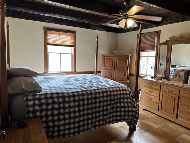 107 Ainsworth Rd, Woodbury, VT 05681 - bedroom featuring beamed ceiling, a textured wall, and wood ceiling