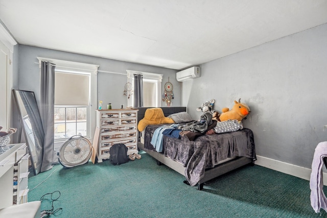 carpeted bedroom featuring an AC wall unit and baseboards
